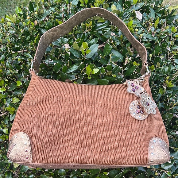The Sak Brown bronze Crochet Handbag Embellished Shoulder Strap flower key fob - Picture 4 of 16